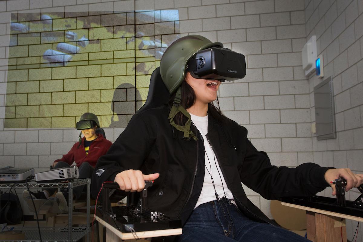Students play the VR Tank Game at the Build18 Festival